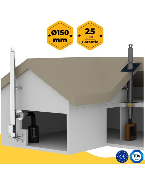 Rookkanaal 150mm │ kachelpijp dubbelwandig configureren voor binnen en buiten